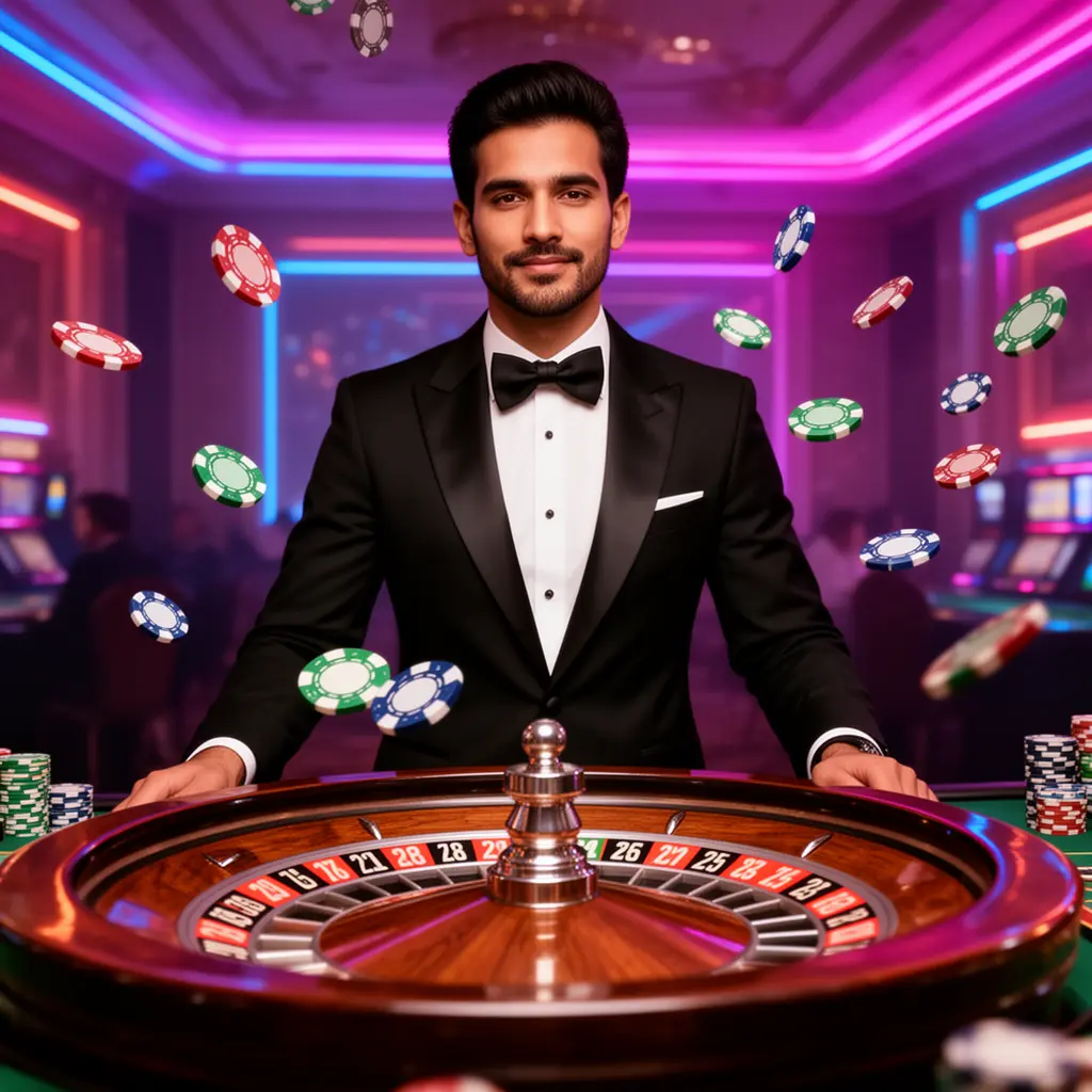 2888pkr – Join exciting casino games and win big in Pakistan Stylish casino dealer in a tuxedo in a vibrant gaming hall with flying chips showcasing the premium casino atmosphere of 2888pkr for players in Pakistan